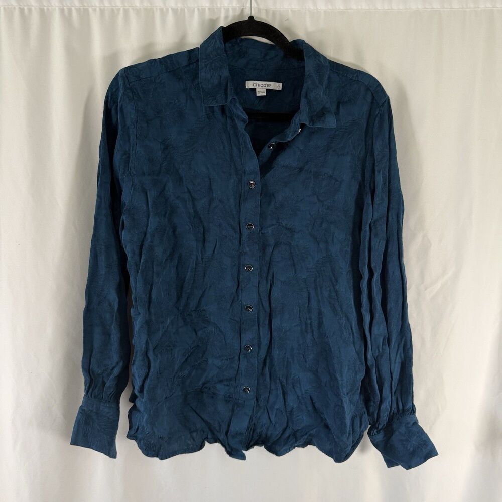 Chico's Blouse Women's 2 12 Teal Floral Button Up Long Sleeve Collared